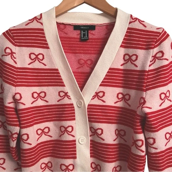 Forever 21 Coquette Striped Bow Ivory Red Knit Cardigan Sweater Size Medium - Picture 3 of 8